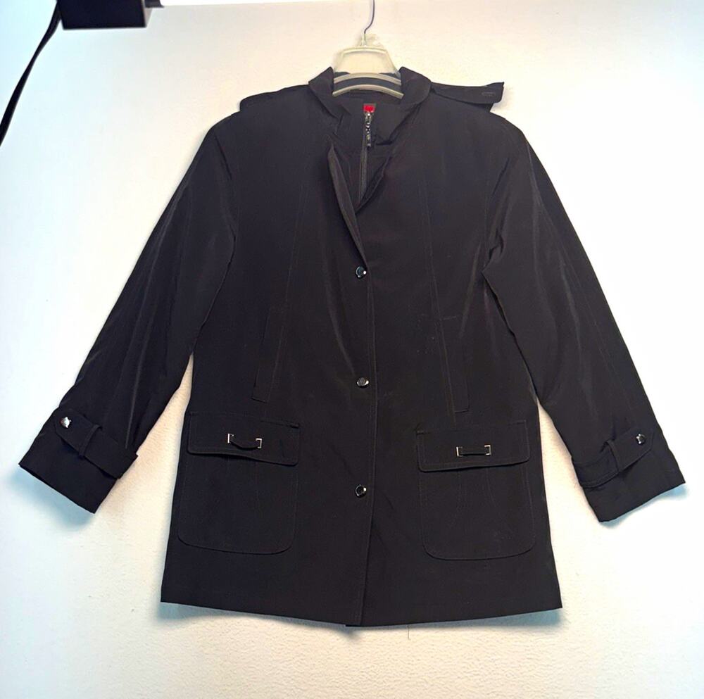 Gallery Women's Black Hooded Lined Rain Coat Pockets Mid-Length Size S outdoor